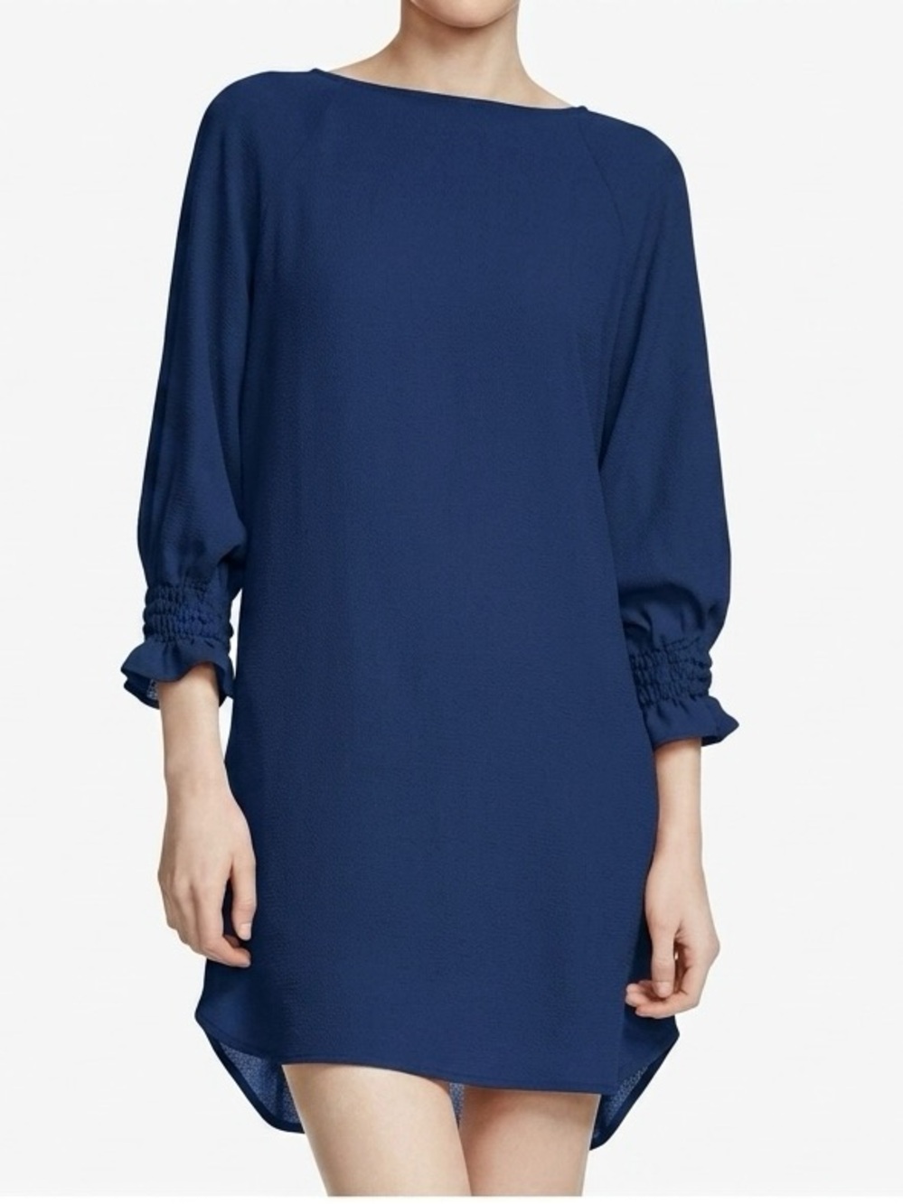 Maje Realiste Blue Crepe Shift Dress Size Small Smocked Cuff Long Sleeve Mini